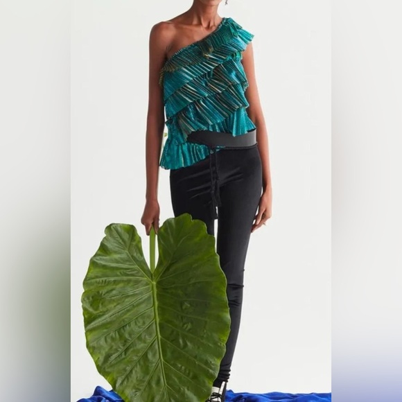 NWT Forte Forte One Shoulder Ruffled Lame Blouse Emeraldo 2 - Picture 1 of 6